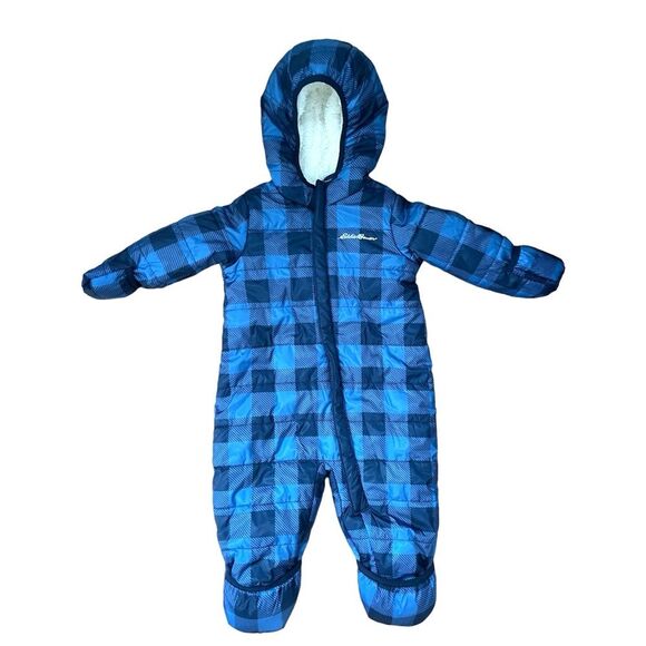 Eddie Bauer Snowsuit Baby 12 Month Navy Blue Plaid Cream Sherpa Down Hooded Suit - Picture 1 of 7